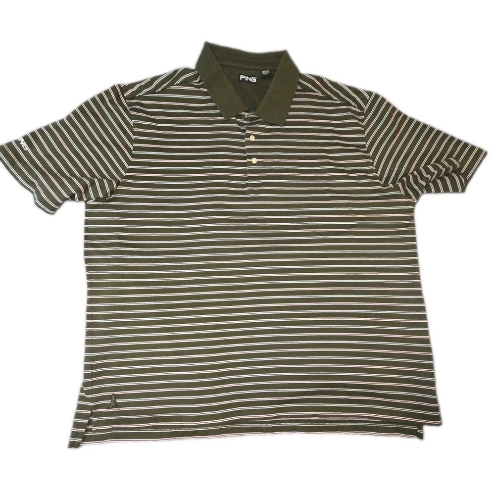 PING Men's Golf Polo Shirt - Green & Red Striped, Size 2XL Short Sleeve